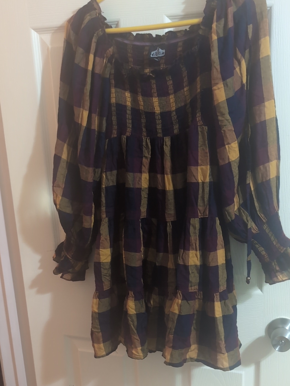 Angie Purple & Mustard Plaid Tiered Casual Dress